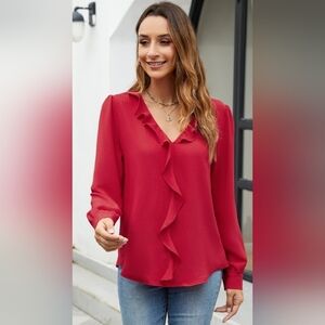 Blooming Jelly Womens Business Casual Red Long Sleeve Ruffle V-Neck Blouse Sz M